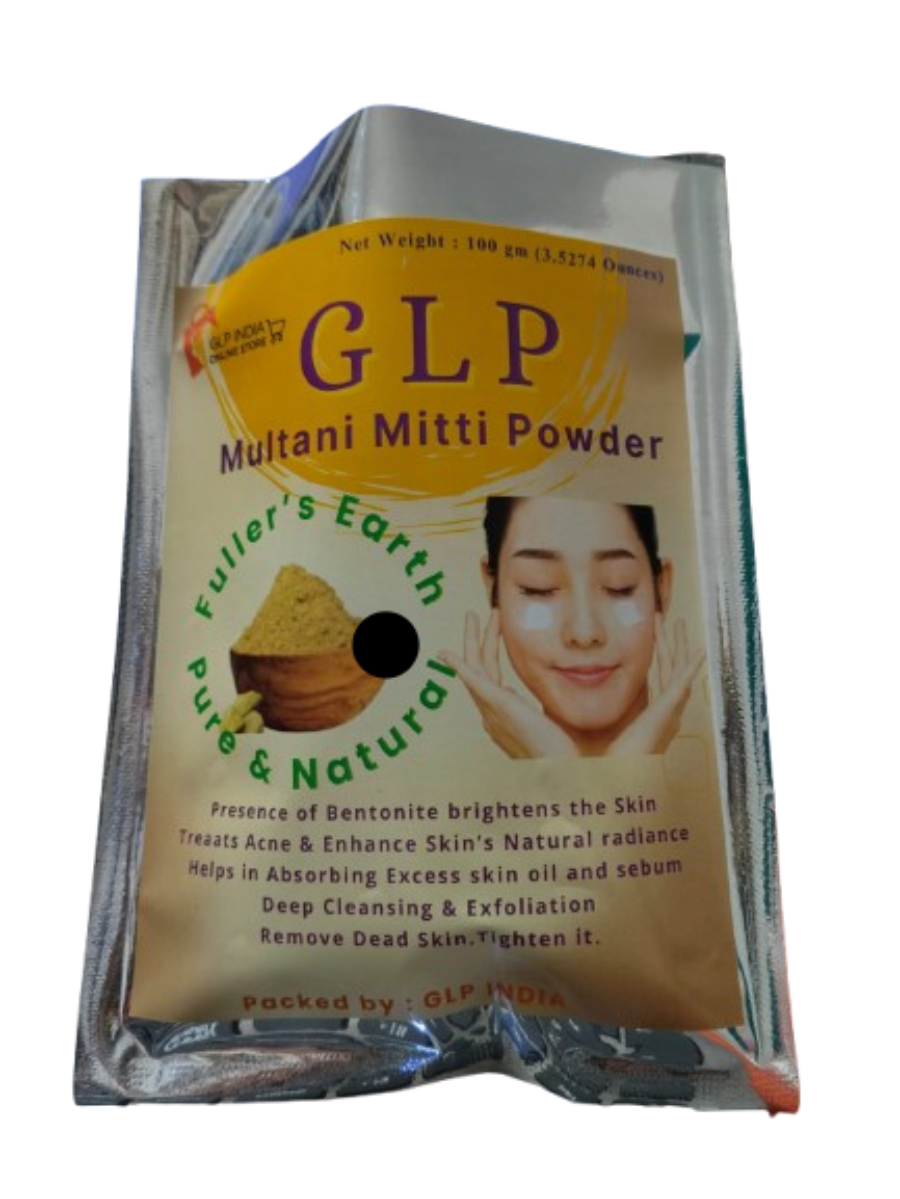 GLP Multani Mitti Powder packaging with a woman applying the powder on her face.